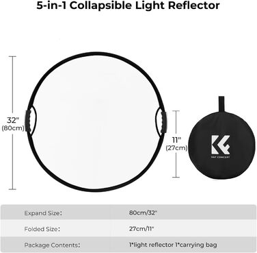 В-1 рефлектор для фотографії (80 см/32 дюйми), складаний відбивач з сумкою для перенесення та подвійною ручкою, напівпрозорий, сріблястий, золотий, білий та чорний круглі відбивачі для фотозйомки, зовнішнє освітлення 80 см з ручкою, 5-