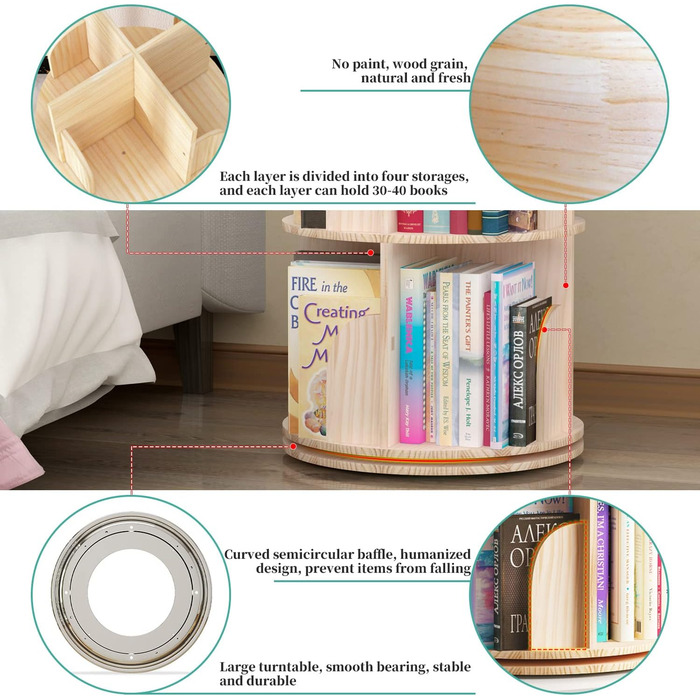 Поворотна книжкова полиця, стояча полиця, 360 градусів, полиця для зберігання в бібліотеці, спальні, вітальні, багатофункціональна книжкова полиця з масиву дерева (5 полиць)