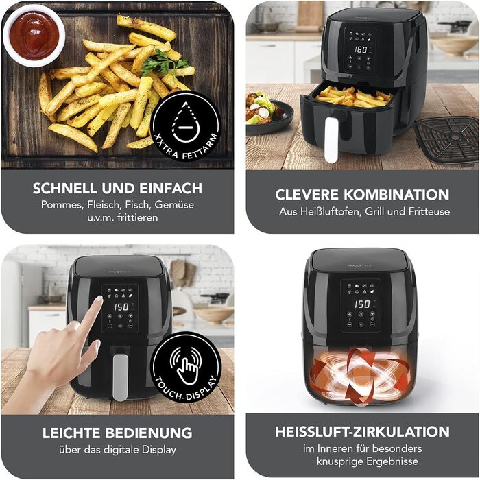 Фритюрниця MAXXMEE Digital 3L Комбінація - конвекційна піч, гриль і фритюрниця 8 Збережені програми та функція таймера Смаження, гриль, запікання, розморожування, нагрівання та підтримання тепла 1300 Вт 3 л