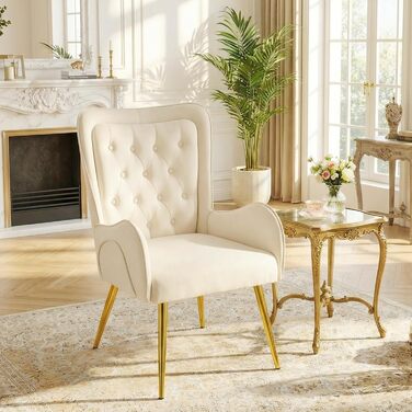 Крісло Hellove з відкидною спинкою та золотистими металевими ніжками, розкішне шкіряне крісло-реклайнер для вітальні, зручне крісло для туалетного столика, м&39яке крісло, крісло для читання, крісло для відпочинку для вітальні/спальні, бежевий колір, комп