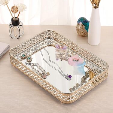 Піднос для парфумів ELLDOO, піднос із дзеркалом, піднос для макіяжу, різьблений піднос для ювелірних виробів, скло, метал, піднос для зберігання ювелірних виробів, органайзер для дому, золотий, середній розмір золото, срібло 30 x 20,1 x 5,1 см