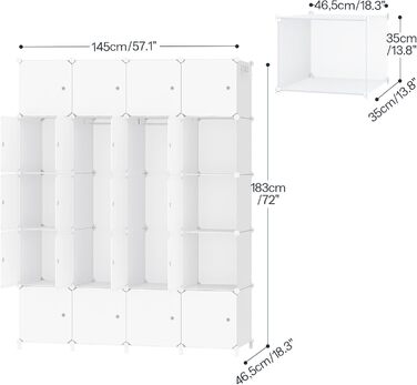 Шафа, Шафа для одягу, Модульна пластикова шафа з 20 кубами, Вставна система полиць з дверима та рейкою для одягу, 2 ряди гачків, 145 x 46,5 x 183 см, Білий EWT45LY01N1