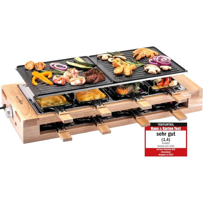 Персон, раклетний гриль 1500 Вт з дерев'яним каркасом, раклет з антипригарною пластиною для гриля, настільний гриль електричний, 8