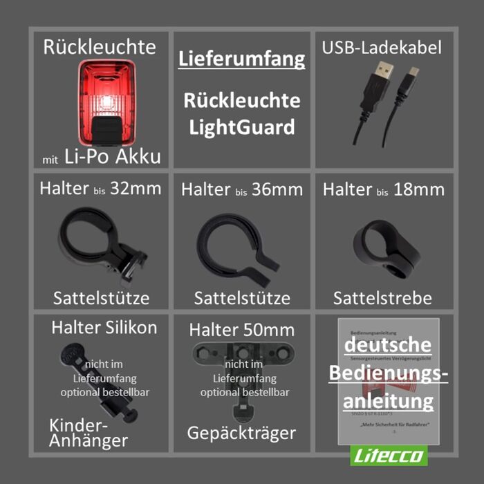 Світлодіодний задній ліхтар на батарейках зі стоп-сигналом Litecco LightGuard інтелектуальний задній ліхтар з батарейками, USB, червоний