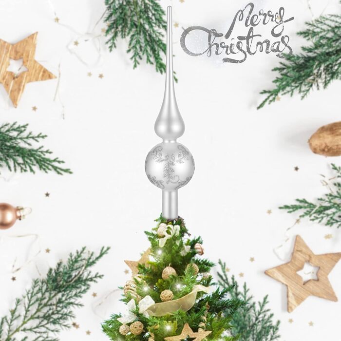 Скляна новорічна верхівка для ялинки сріблясто-біла UNOLIGA