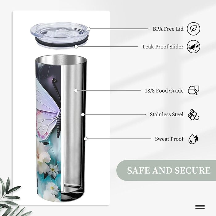 Кухоль з прямою трубочкою, 590 мл, білий метелик, принт, дорожній кухоль, підходить для кемпінгу, офісу та дому