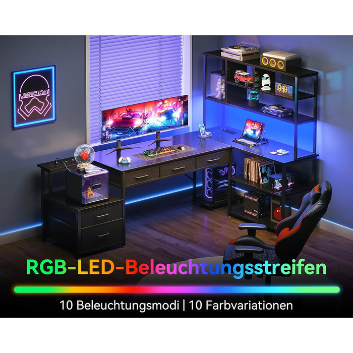 Кутовий письмовий стіл Coleshome з 5 шухлядами та 4 полицями, 200110 см, L-подібний стіл зі світлодіодним освітленням, розетками та USB-портами, великий стіл для домашнього офісу, чорний 200110 см