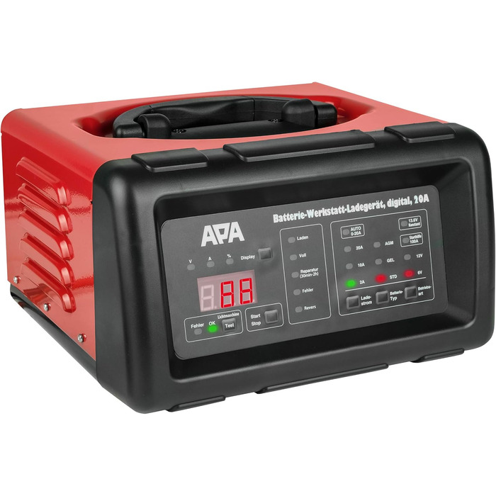 Зарядний пристрій для майстерні цифровий, зі швидким стартом, функцією утримання заряду, 20 А, червоний, чорний, струм заряду 20 А