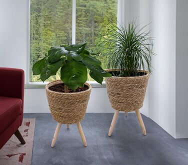 Підставка для квітів Spetebo із соломи з фольгованою підкладкою, комплект з 2 шт. - Ø 26 та 23 см - Підставка для рослин з ротанга з 3 дерев&39яними ніжками - Декоративний квітковий горщик, кашпо, кошик-горщик з ніжками для кімнатних рослин, комплект з 2 