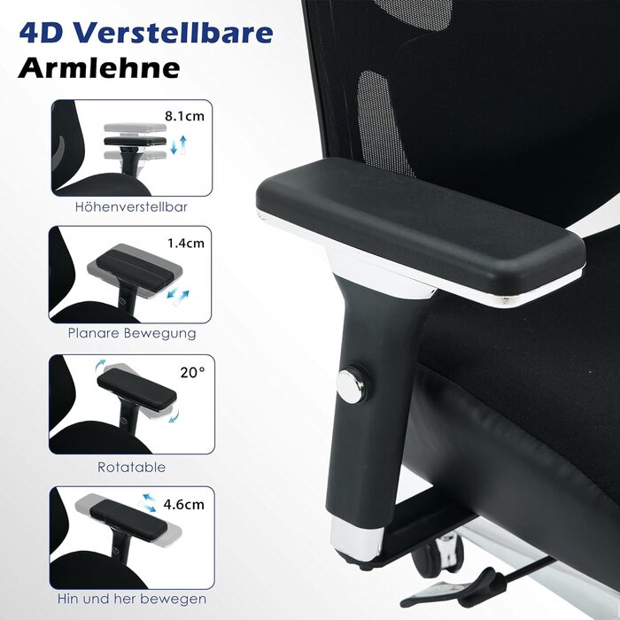 Ергономічне офісне крісло, вантажопідйомність 200 кг, з 4D підлокітниками, робоче крісло з регульованим підголівником, поперековою опорою, функцією гойдання для користувачів з вагою, сітчасте комп&39ютерне крісло