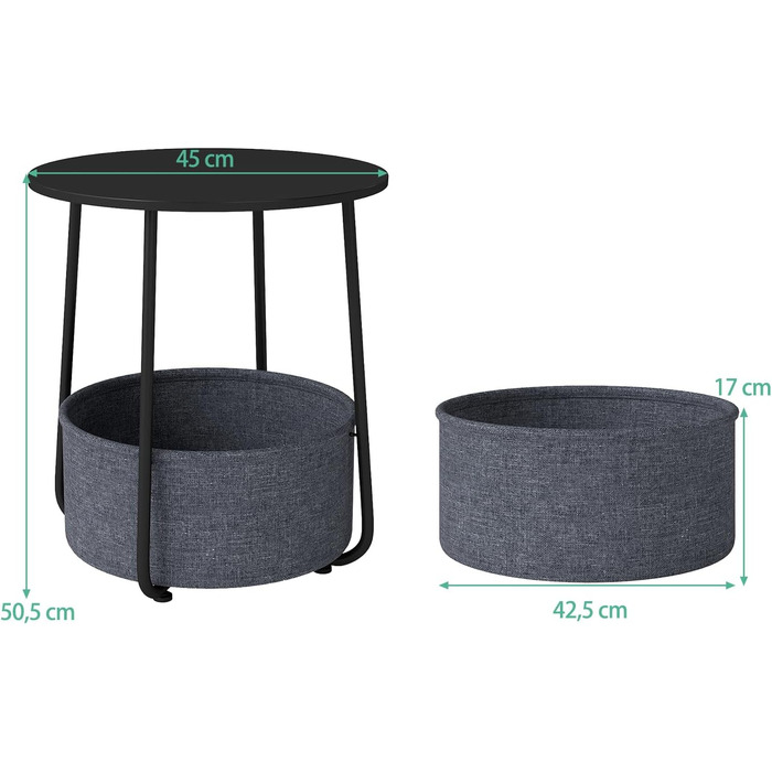 Круглий журнальний столик LIFEZEAL, сучасний столик для вітальні зі знімним кошиком для зберігання з тканини, тумбочка, маленький столик для вітальні, спальні, офісу (чорний темно-сірий)
