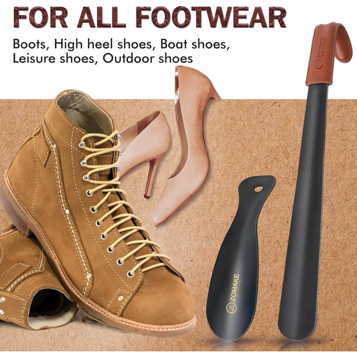 Металевий ріжок для взуття ZOMAKE Набір з 2 - 42 см чорний довгий ріжок для взуття з нержавіючої сталі зі шкіряним ремінцем, 19 см