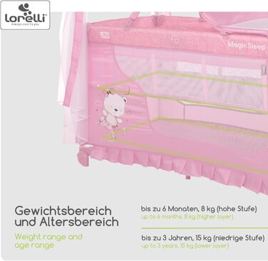 Дитяче ліжечко та манеж Lorelli 3-в-1, ліжко-балдахін Magic Sleep з 2 рівнями, ліжечко від народження, дитяче дорожнє ліжечко, пеленальний килимок, колеса, сумка, рожевий