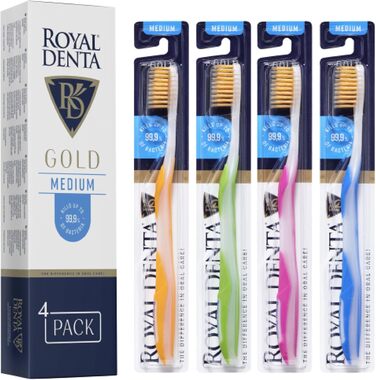 Зубні щітки Royal Denta Gold Medium 4 Pack - щетина подвійної довжини для чищення міжзубних проміжків, частинки золота проти бактерій, видалення зубного каменю, середньої міцності, багатобарвна