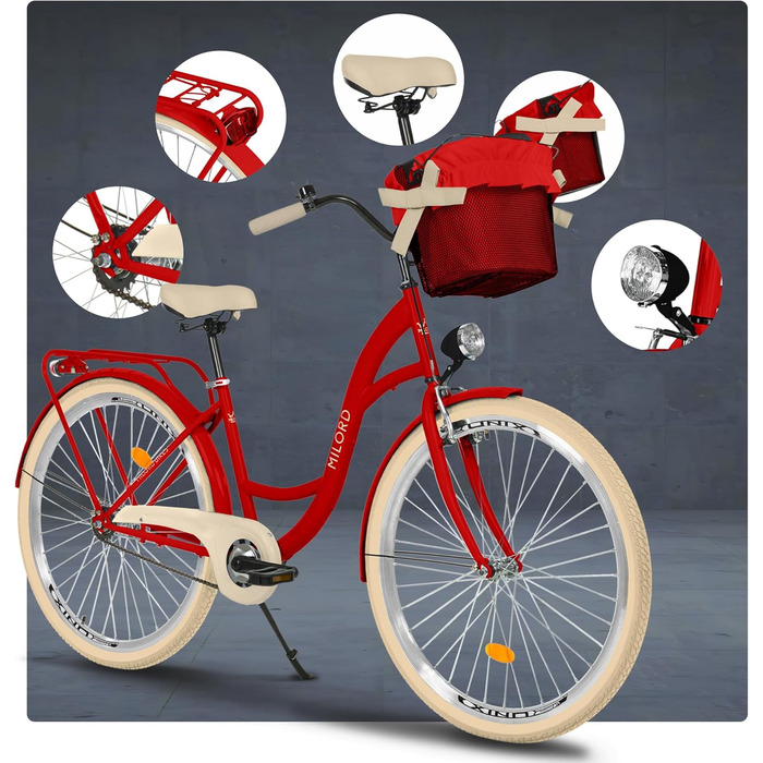Комфортний міський велосипед з кошиком, вінтажний жіночий голландський велосипед, 28 дюймів, червоний, 1 швидкість