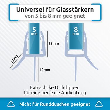 Змінний ущільнювач для душу Sealis - Прокладка для 5 мм / 6 мм / 7 мм / 8 мм Скляні двері Душова кабіна Душова кабіна Дефлектор води Захист від бризок Гідроізоляційна смуга (пучок) 2 шт. 80 см Прозора, 2 шт., 80
