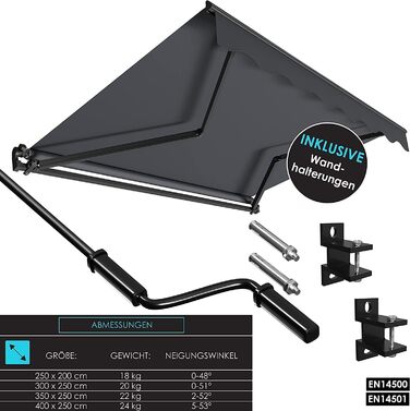 Складаний тент KESSER 300 x 250 см Затискач для тенту для патіо Сонцезахисний тент з настінним кронштейном Сонцезахисний балконний тент Водовідштовхувальний алюміній/поліестер, антрацит 300 x 250 см Антрацит