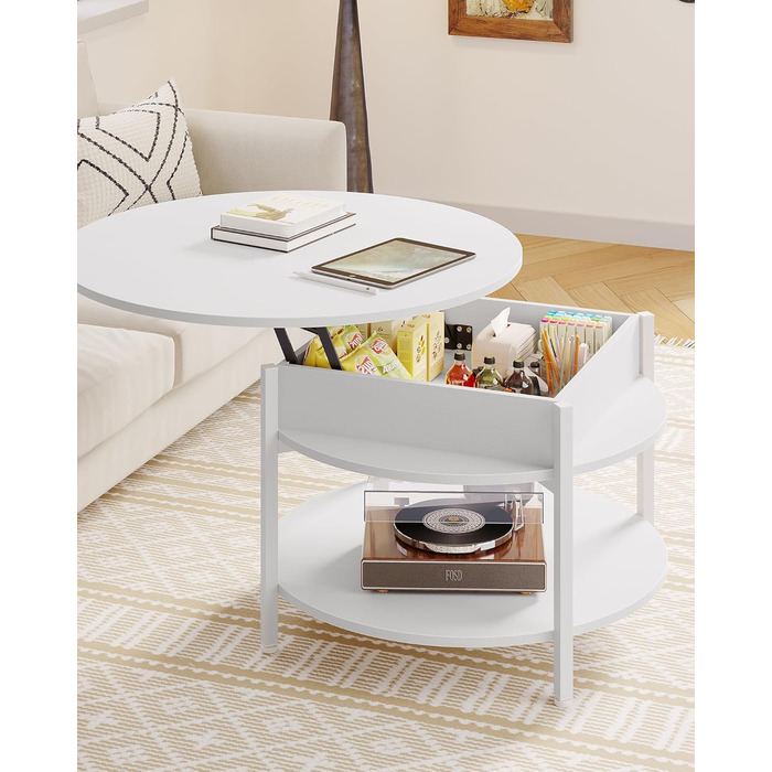 Круглий журнальний столик з підйомною стільницею, журнальний столик з регульованою висотою, бічний столик, стіл для вітальні з прихованим місцем для зберігання, відкритий відсік, металевий каркас, для вітальні, офісу, 70 x 70 x 50 см, білий.
