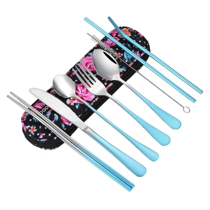 Універсальний набір дорожнього посуду багаторазові портативні столові прибори з футляром для обіду, кемпінгу, школи та пікніків (градієнтний світло-блакитний)