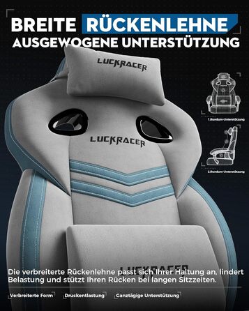 Тканина для ігрового крісла LUCKRACER, офісне крісло з підлокітниками, подушка з піни з ефектом пам&39яті, кут нахилу 90155 та підставка для ніг, міцна функціональна тканина, сіро-сіра тканина