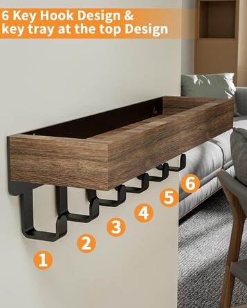 Ключниця з дерев'яним лотком і 6 гачками - багатофункціональна ключниця/дошка для ключів, ключниця з поличкою для передпокою, спал