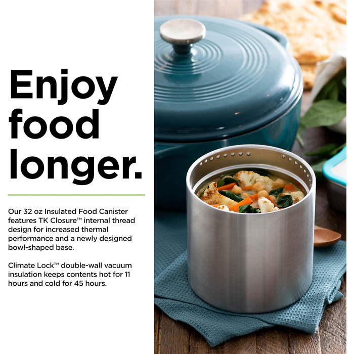 Термос для їжі Klean Kanteen TK Food Canister VI, 946 мл, нержавіюча сталь, полірована. Подвійні стінки з вакуумною ізоляцією. Зберігає тепло до 11 годин (49-88 C) та холод до 25 годин (0-13 C). Герметичний, не містить BPA. Розміри 15,3x13,5 см.