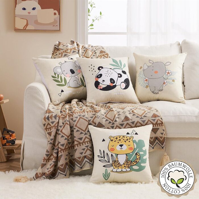 Високоякісна бавовна Дитячі наволочки 40х40 (набір 4) Чарівні тваринні мотиви Носоріг Леопард Панда Коала Німецька якість Стильне