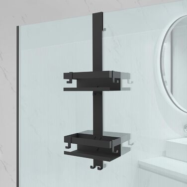 Підвісна полиця для душу з нержавіючої сталі SUS304, без свердління для скляних дверей без рами, тримач для шампуню та гелю для душу, чорний колір (Стиль А)