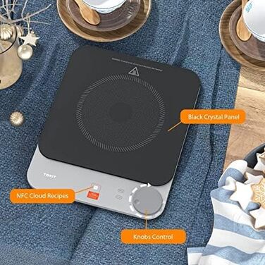 Індукційна плита TOKIT Індукційна плита Автоматичне визначення каструлі 2100 Вт 1-кнопкове керування 16 мм Ультратонка кришталева поверхня су-від подряпин сірого кольору