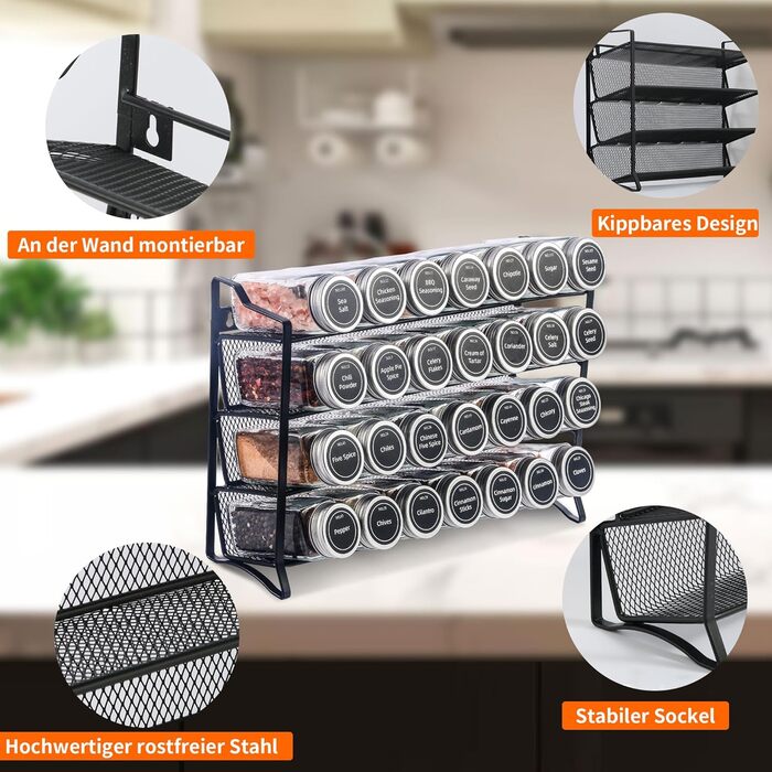 Рівнева підставка для спецій, настінна та настінна, 28 порожніх органайзерів для спецій зі стійкою та 432 етикетками для спецій, підставка для спецій, не потребує свердління для кухні, шафи, комори, 4-