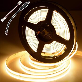 Світлодіодна стрічка COB 5м, 480 LED/м, тепле біле світло, висока щільність, 12V, 8мм, 9W/м, CRI 92, самоклеюча стрічка для непрямого освітлення спальні або кухні (без блоку живлення), 2700K, ширина 8мм