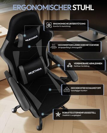 Ігрове крісло Nexthra, офісне крісло, ігрове крісло з регульованими по висоті підлокітниками, ергономічне ігрове крісло з підставкою для ніг, м&39яке ігрове крісло, кут нахилу 150, до 180 кг, чорне, регульоване