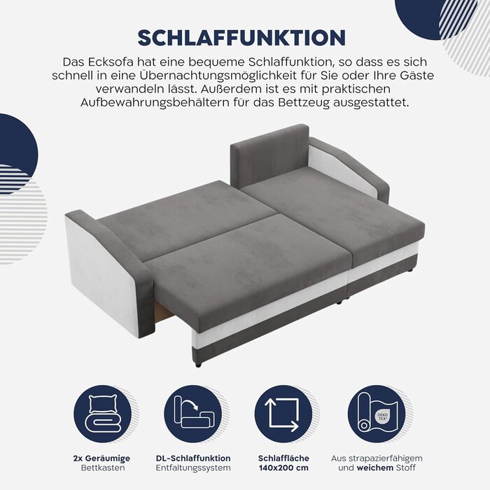 Кутовий диван з функцією сну та ящиком для зберігання Orion, Універсальний кутовий диван, L-подібний диван (ШxГxВ) 231 x 140 x 85 см, диван для вітальні, кутовий диван, сірий чорний (мікро 27 мікро 15)