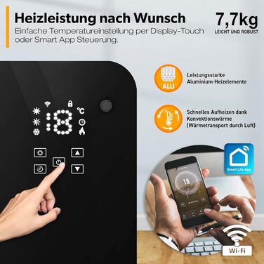 Конвекторний обігрівач TRESKO зі скляним додатком 2000 Вт, WiFi Електричний обігрівач з пультом дистанційного керування Конвекторний радіатор із сенсорним РК-дисплеєм Електричний радіатор, окремостоячий або настінний, чорний