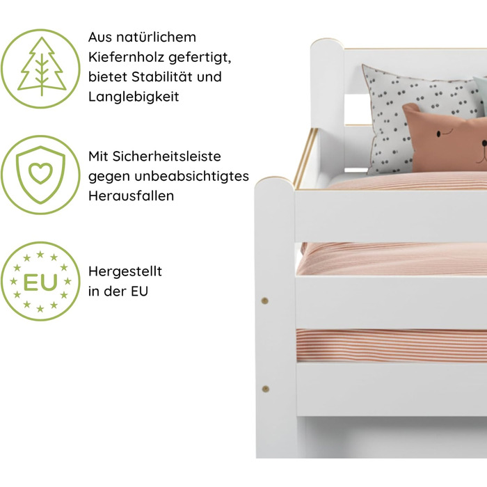 Дитяче ліжко Kids Collective 80x160 см З захисними поручнями та шухлядою Міцна соснова деревина 80x160 см, для дітей віком від 3 до 10 років Біле