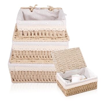 Кошик для зберігання з кришкою, комплект з 3 шт. , плетений кошик ручної роботи з кришкою з екологічного матеріалу для ванної кімнати та вітальні, 3 розміри (хакі) Aa-01