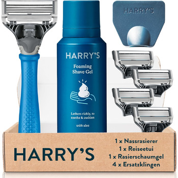 Чоловіча бритва Harry&39s Wet Razor набір для гоління з синьою ручкою, 4 змінні леза для гоління, чохол для лез для подорожей, бритва з гелем для гоління 60 мл, леза для гоління, леза для гоління для чоловіків, леза для гоління для чоловіків