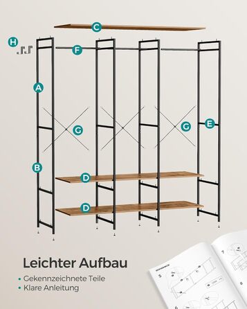 Відкрита шафа, вішалка для одягу, вішалка для пальто, шафа з рейкою для одягу, полиці, знімні гачки, 40 x 141 x 180 см, вінтажний коричневий RGR005B01 Вінтажний коричневий 40 x 141 x 180 см
