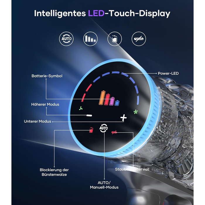 Акумуляторний пилосос MIBODE 45000Pa, акумуляторний пилосос потужністю 550 Вт з інтелектуальним дисплеєм, до 60 хвилин роботи, пил