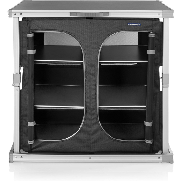 Кухня для кемпінгу Campart Toledo Легко складається 2 відділення з 3 полицями кожне 4 регульовані ніжки Антрацит KI-0758, задня, чорна 6 полиць чорного кольору