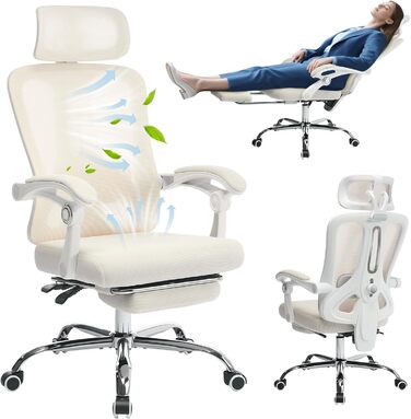 Ергономічне офісне крісло, крісло з повітропроникної сітки з підголівником, регульованою поперековою опорою від 90 до 135, висувною та поворотною на 360 підставкою для ніг, для дому та офісу, бежевий 2