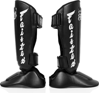 Щитки для гомілок Fairtex SP7 для муай-тай для чоловіків, жінок та дітей Виготовлені зі шкіри Syntek, високоякісні, легкі та міцні Знімний захист гомілки та стопи, чорні, розмір L
