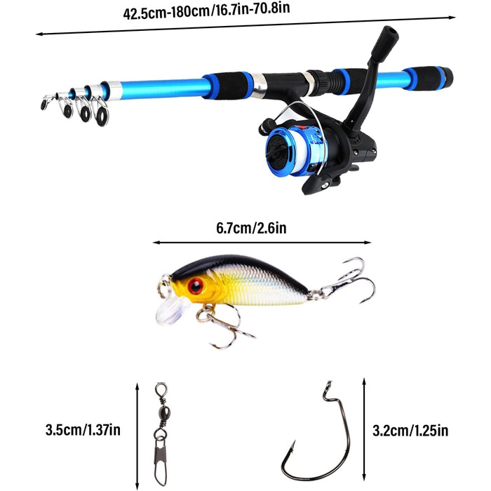 Рибальський набір 1,8 м для дітей, стартовий набір для дитячої риболовлі, вудка з вуглецевого волокна з котушкою, телескопічна вудка, котушка, рибальські аксесуари для дітей віком 3-10 років