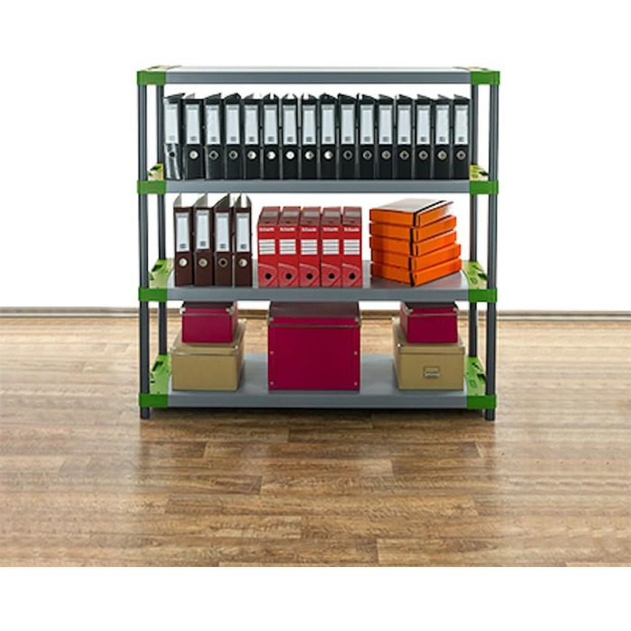 Пластиковий стелаж PROREGAL &quotСірий ведмідь&quot Низький ВxШxГ 138x140x46 см Вантажопідйомність полиці 70 кг Сіро-зелений Пластиковий стелаж для підвалу, стелаж для зберігання, безригельний стелаж ВxШxГ 138x140x46 см сіро-зелений