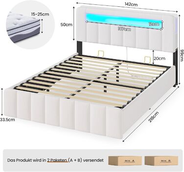 М&39яке ліжко 140x200 з місцем для зберігання, гідравлічне ліжко зі світлодіодним освітленням та зарядною станцією, дитяче ліжко, двоспальне ліжко, каркас ліжка з оксамитовим узголів&39ям - матрац не входить до комплекту (бежевий оксамит, 140x200 см) Беже