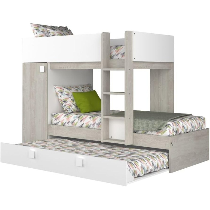 Двох'ярусне ліжко для двох дітей з висувним спальним місцем і шафою для одягу в білому кольорі