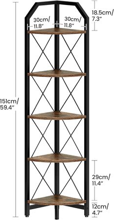 Кутова полиця з 5 полицями, промислова книжкова шафа, окремостояча підставка для дисплея, кутова полиця для ванної кімнати, підставка для рослин, для спальні, кухні, рустикальний коричнево-чорний DTCJ10BF