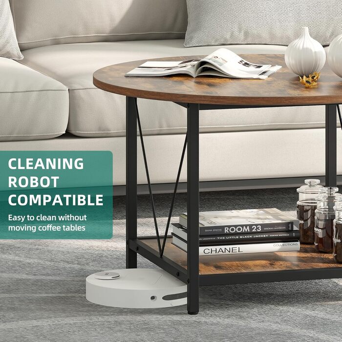 Круглий журнальний столик YITAHOME, 80x80x46 см, сільський дерев&39яний стіл для вітальні з полицею, сучасний журнальний столик у фермерському стилі з міцними металевими ніжками, коричневі меблі для дому