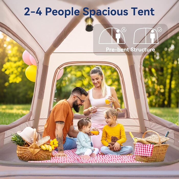 Надувний кемпінговий намет MOPHOTO, водонепроникний, тканина Оксфорд з ручним насосом, просторий, простий у встановленні, надувний кемпінговий повітряний намет для сімейного глемпінгу (2-4 особи)