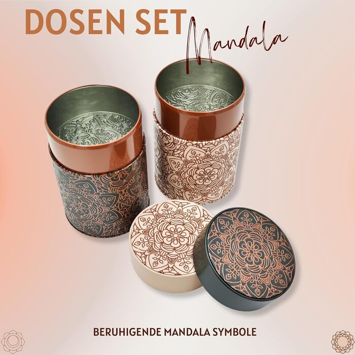 Бляшанка Мандала, 500 г кожна - набір з 2 шт. - майстерно лакована зі східними мотивами, кришка, що застібається - бляшанка для харчових продуктів, бляшанка для кави/чаю - Ø 11,5 см, висота 16,0 см, Мандала 500 г